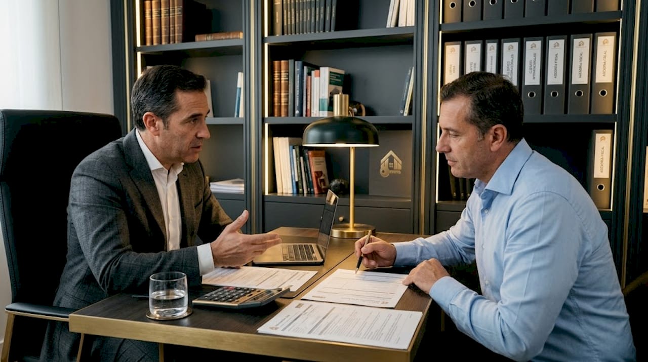 Asesor fiscal analizando documentación junto a su cliente del sector inmobiliario