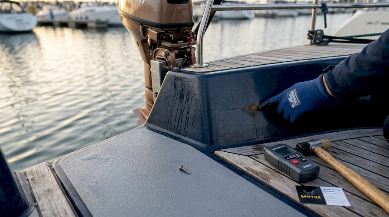 Detail showing sailboat transom moisture issues