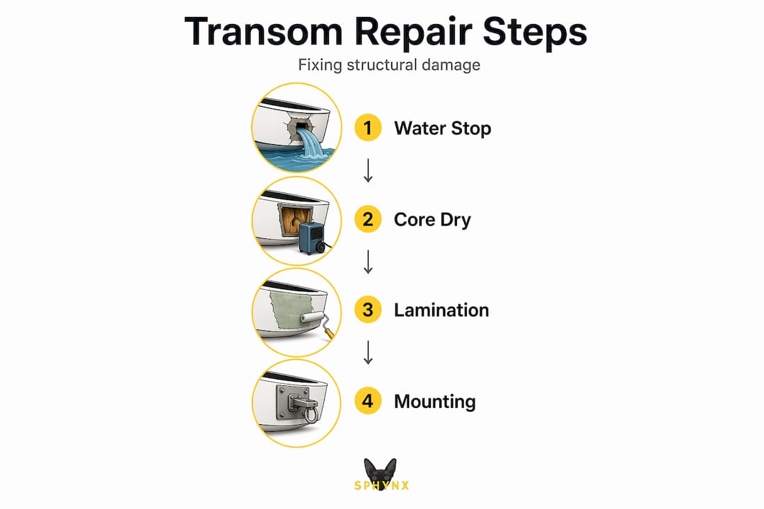 Infographic showing sailboat transom repair process steps