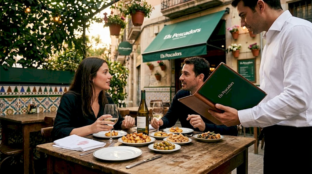 Waiter presenting seafood menu at cozy bistro table
