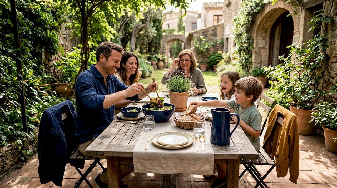 Family dining outdoors in Barcelona terrace