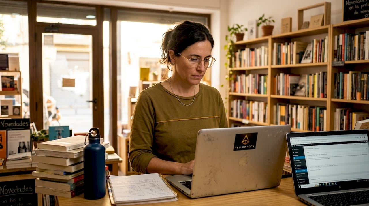 Una mujer administra su negocio desde su portátil mientras está en una librería.