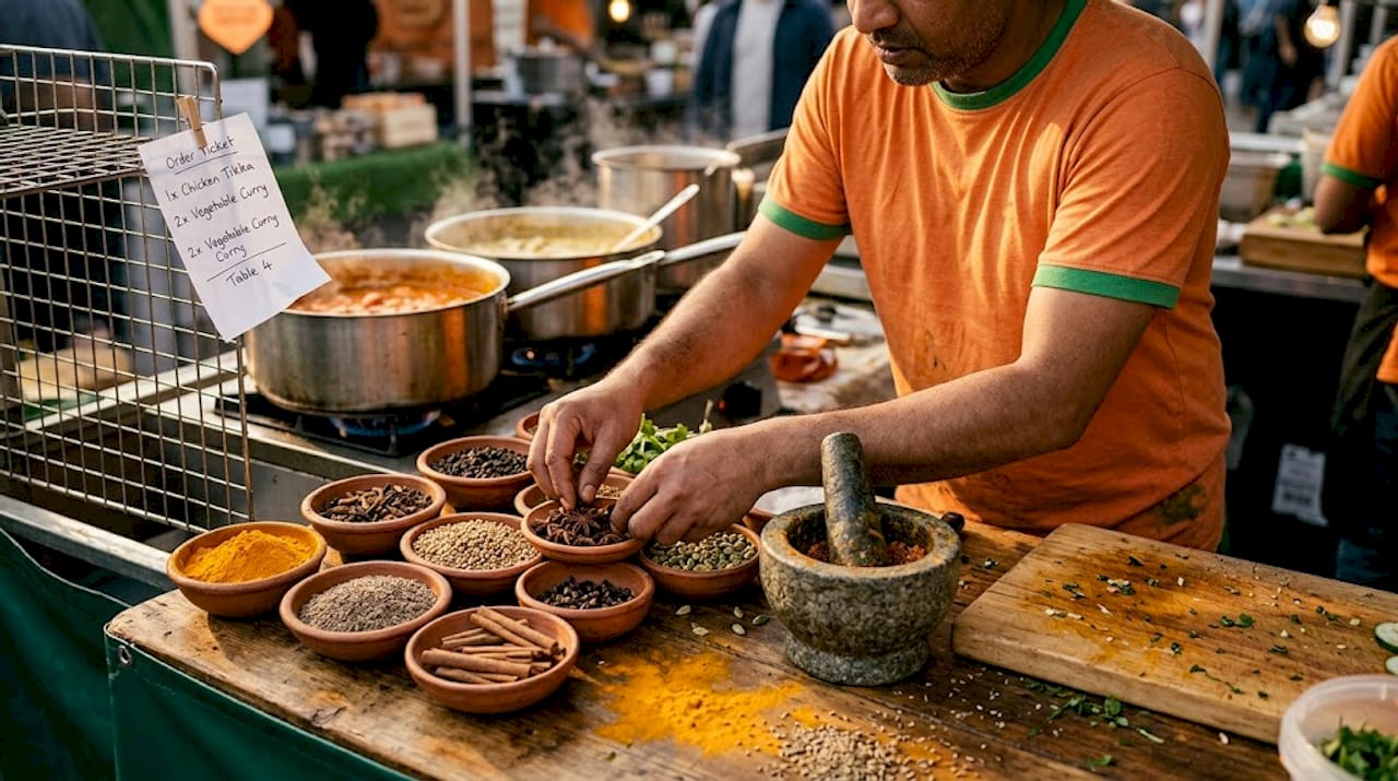 Chef selecting spices for curry sauces