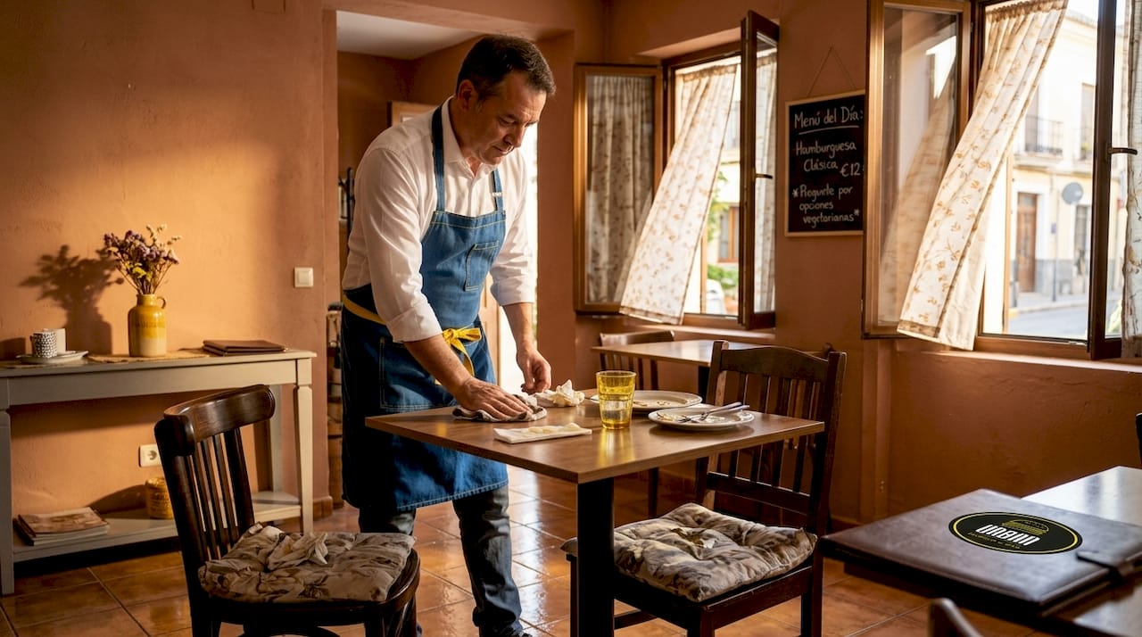 Un camarero recoge y limpia una mesa en un restaurante amplio y con buena ventilación.