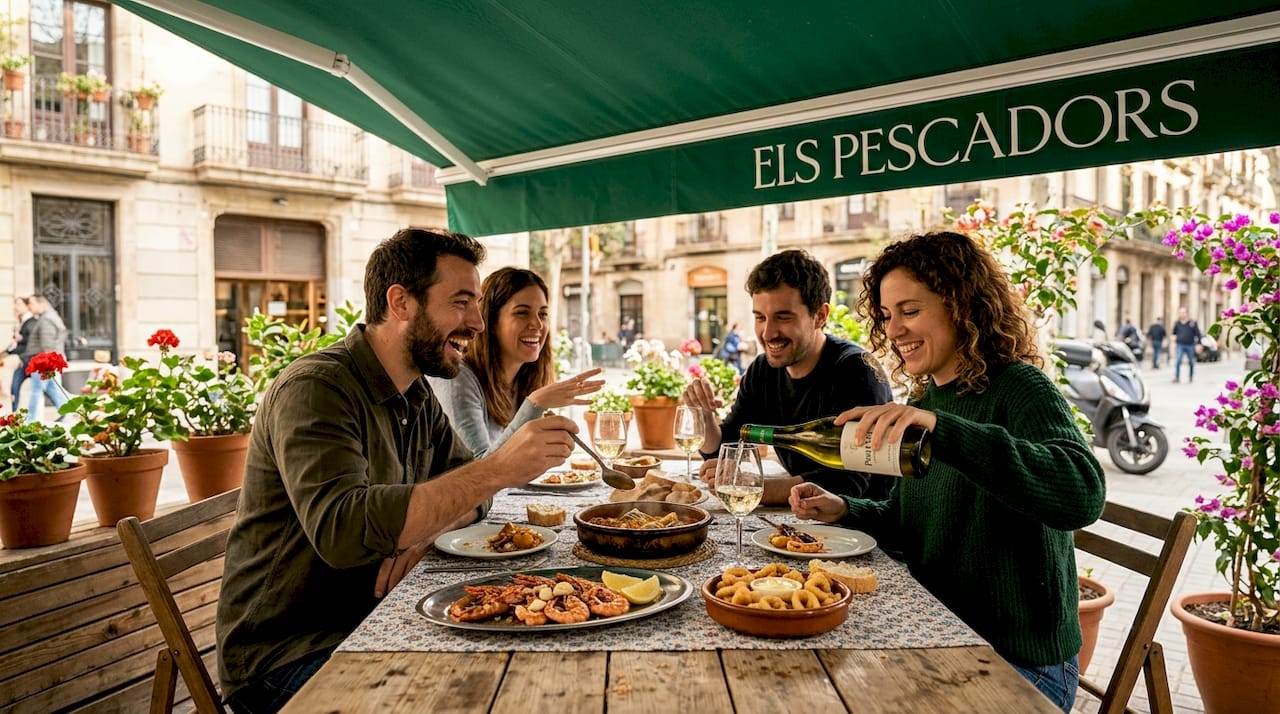 Group enjoying seafood lunch in Poblenou