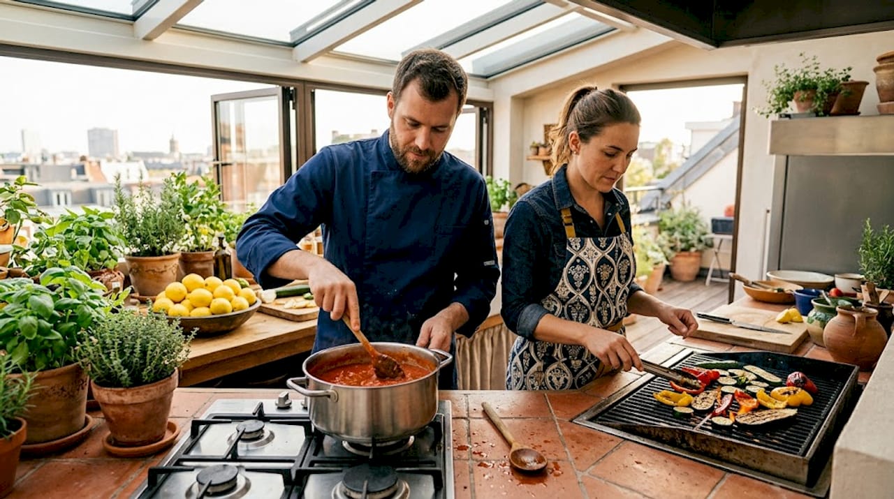 Cooks preparing Mediterranean dishes in busy kitchen