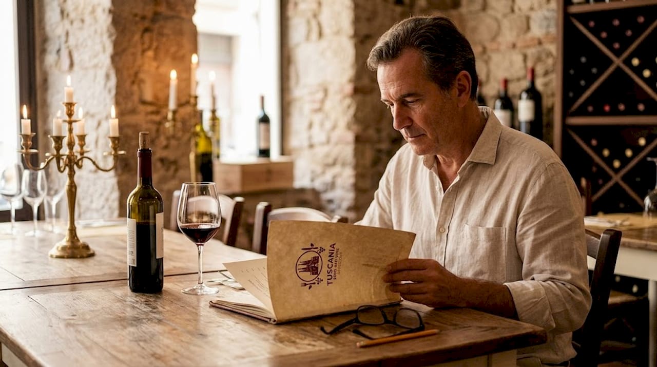 Un comensal hojea la selección de vinos italianos mientras decide cuál acompañará su cena en el restaurante.