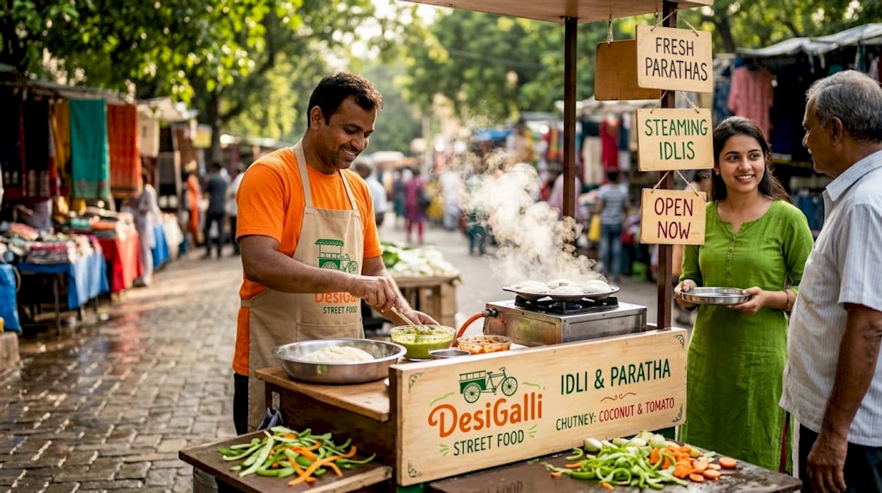 Street vendor preparing Indian vegetarian street food