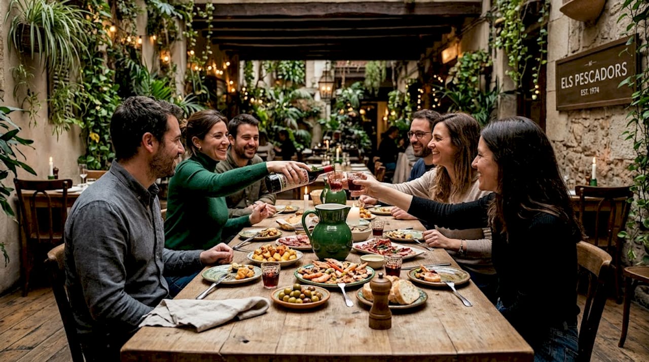 Friends sharing meal in authentic Catalan tapas bar