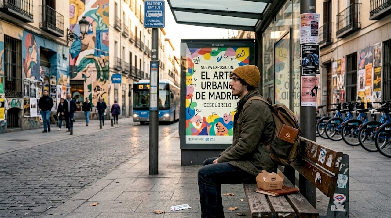 Un peatón se detiene a observar una original publicidad en una parada de autobús en la ciudad.