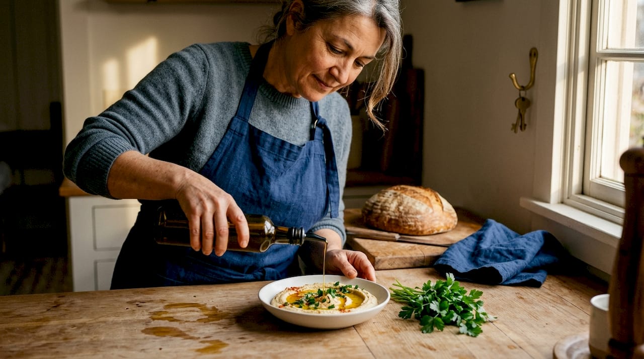 Home cook drizzling olive oil on hummus