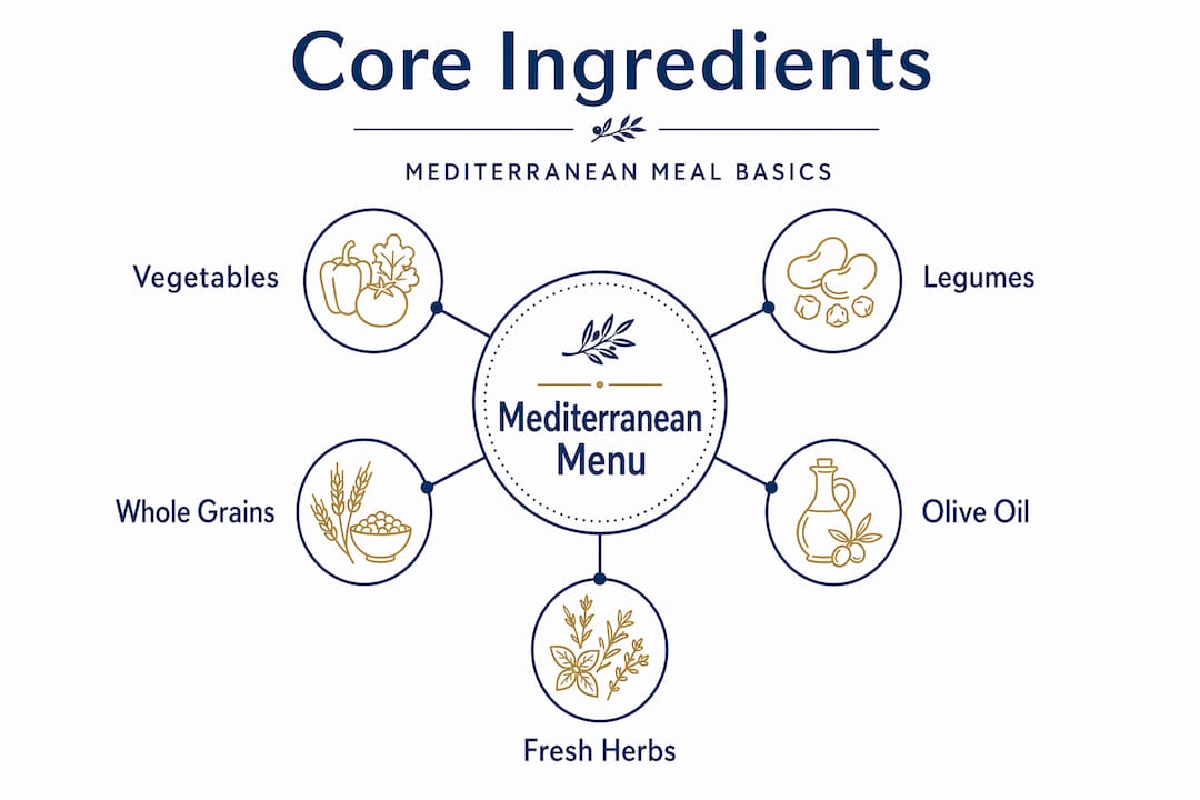 Infographic showing core Mediterranean meal ingredients