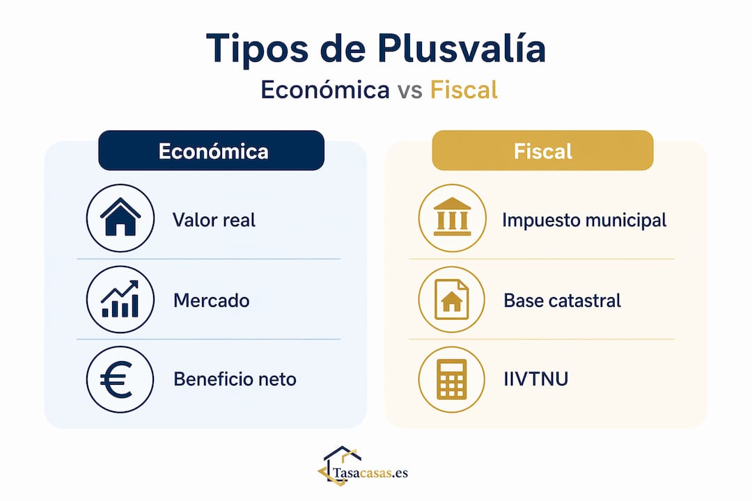 Infografía comparativa: diferencias entre plusvalía económica y plusvalía fiscal