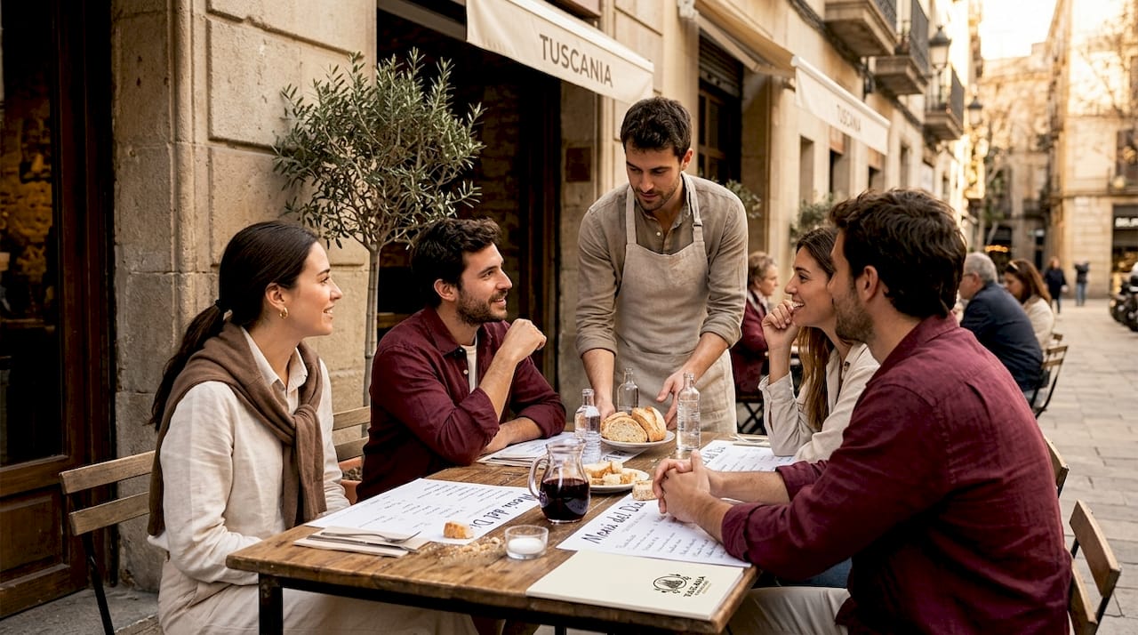 Vecinos de Barcelona disfrutan del menú del día en una cafetería del barrio.