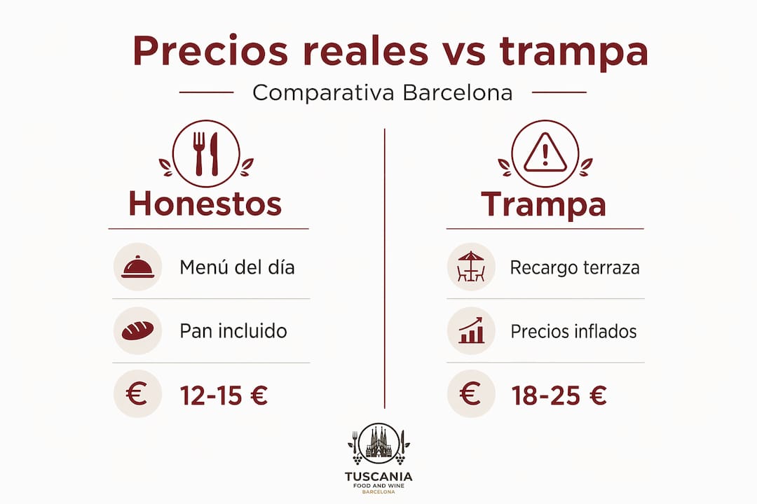 Infografía que muestra la diferencia entre los precios auténticos y los precios inflados en restaurantes de Barcelona