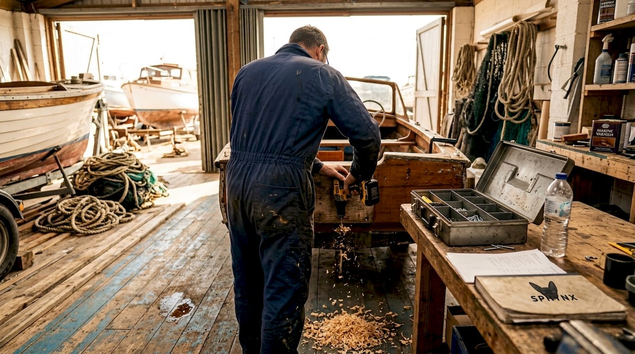 Technician repairing flat transom in workshop