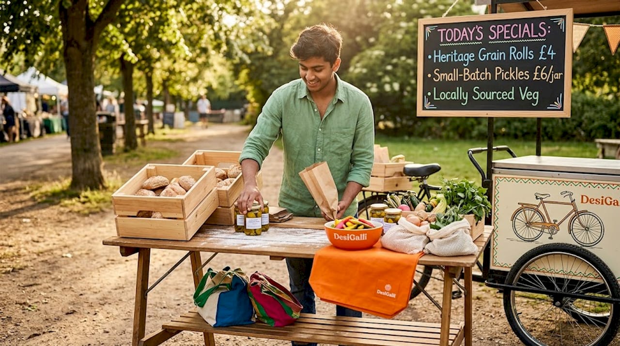 Vendor packing ingredients at street food kitchen