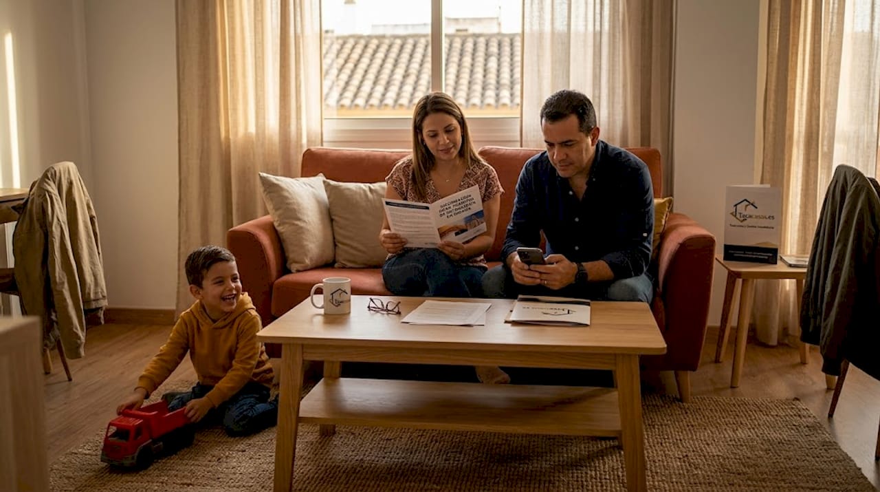 Una familia revisa juntos los documentos de inmigración en la sala de su casa.