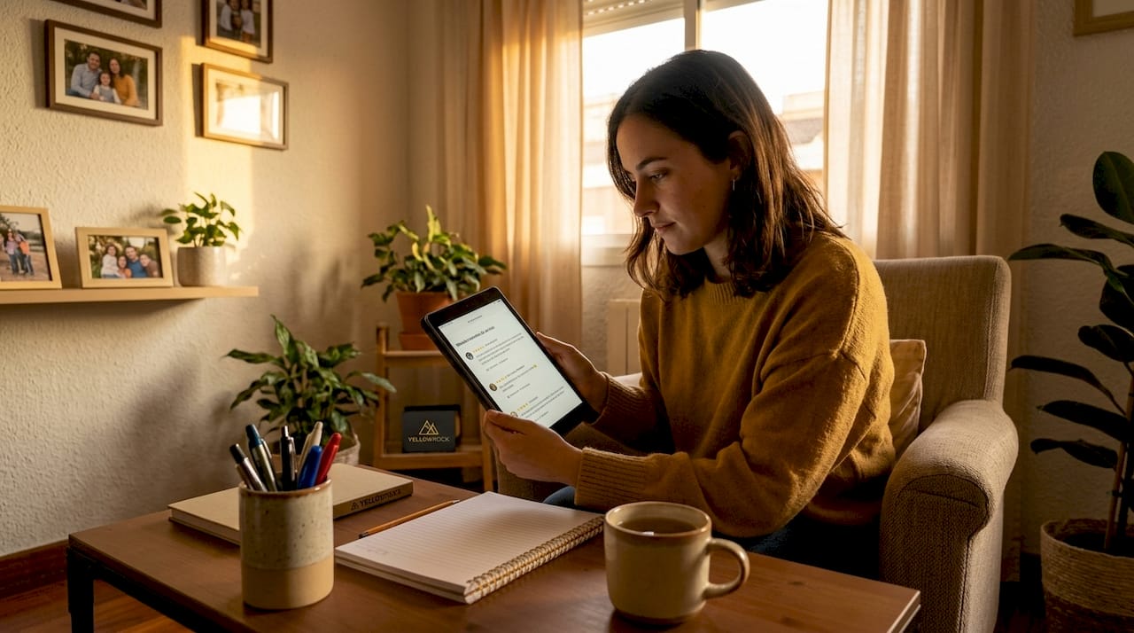 Una empresaria consulta opiniones de clientes en su tablet para conocer mejor la experiencia de su negocio.