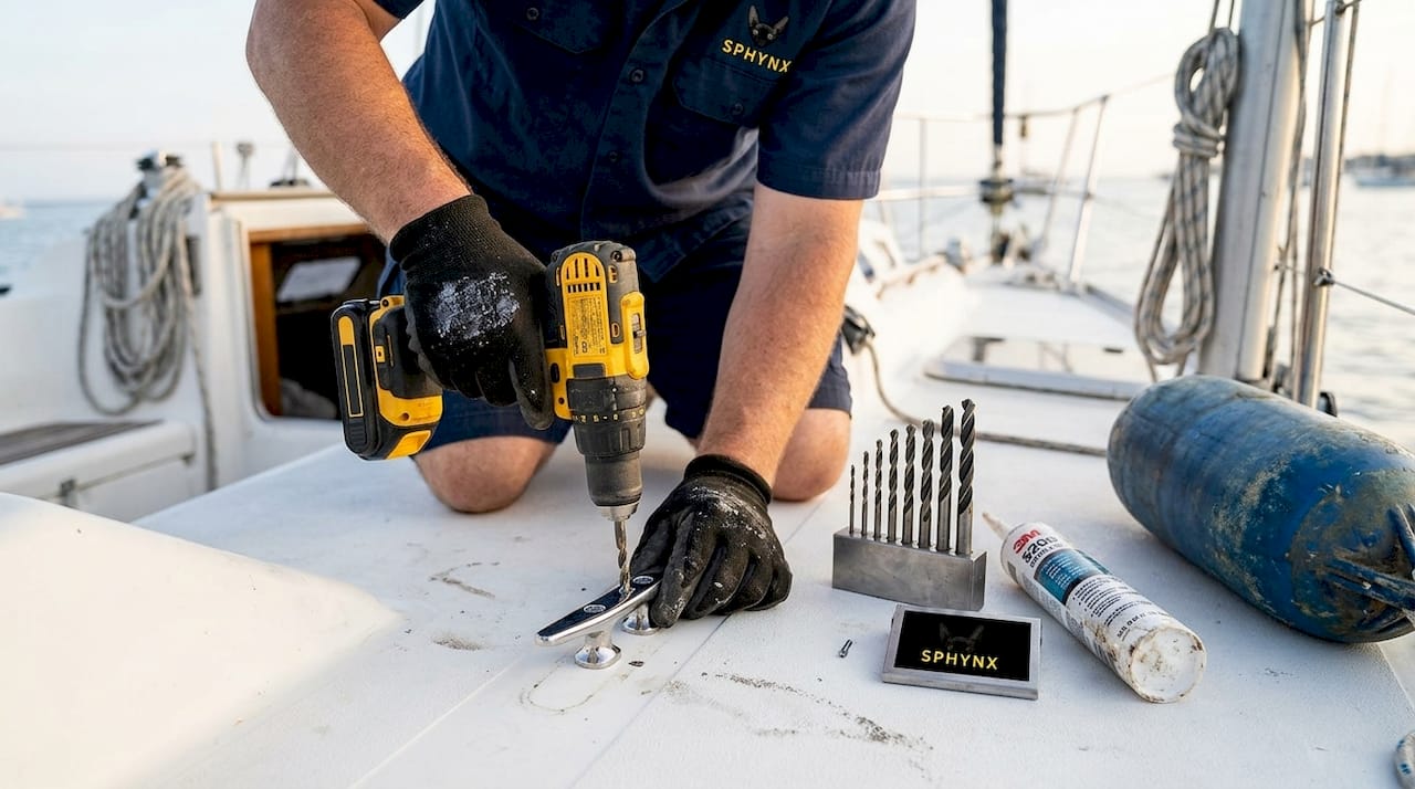 Technician installing stainless steel cleat on deck