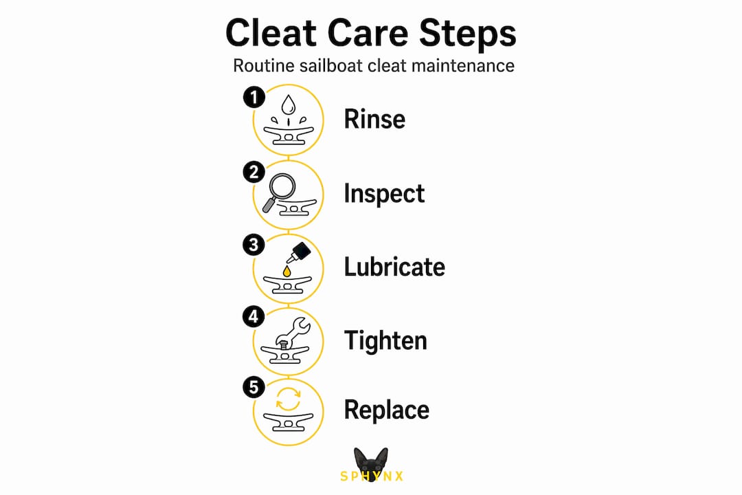 Infographic of routine sailing cleat maintenance steps