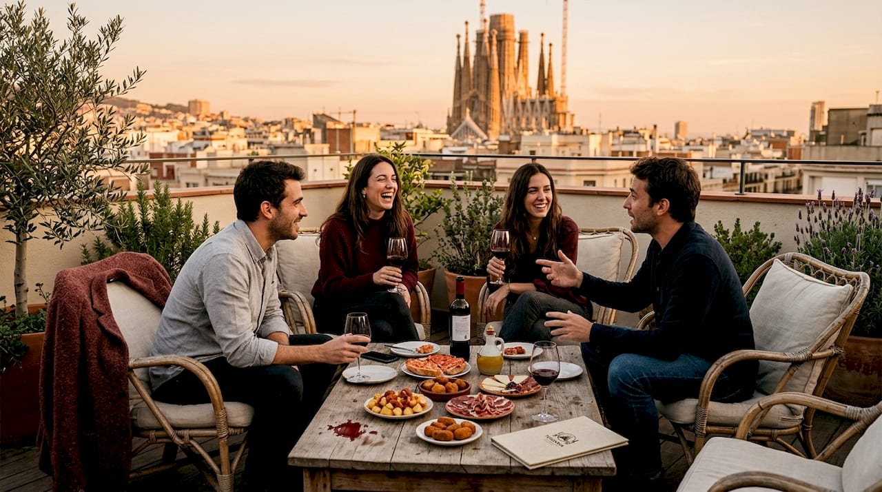 Cena al atardecer en una terraza con vistas panorámicas