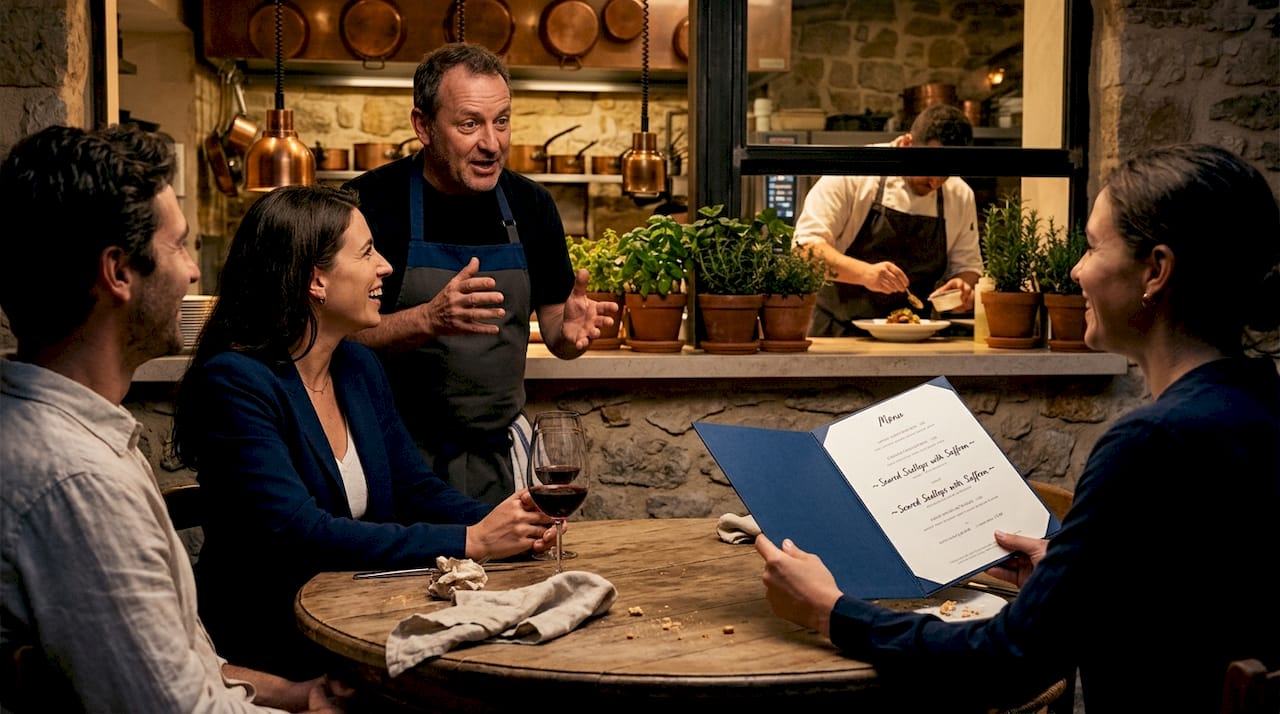 Chef describing tasting menu to diners in restaurant