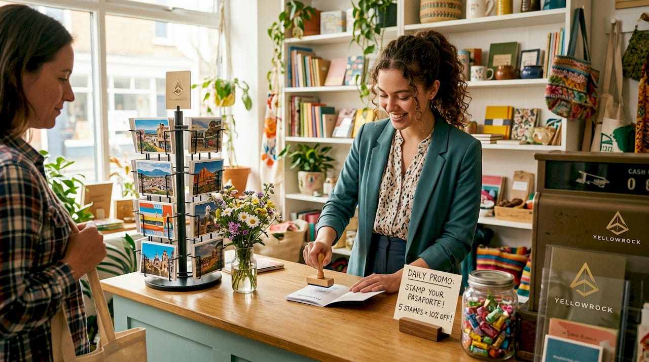 Empleado de tienda sellando la tarjeta de fidelidad de un cliente