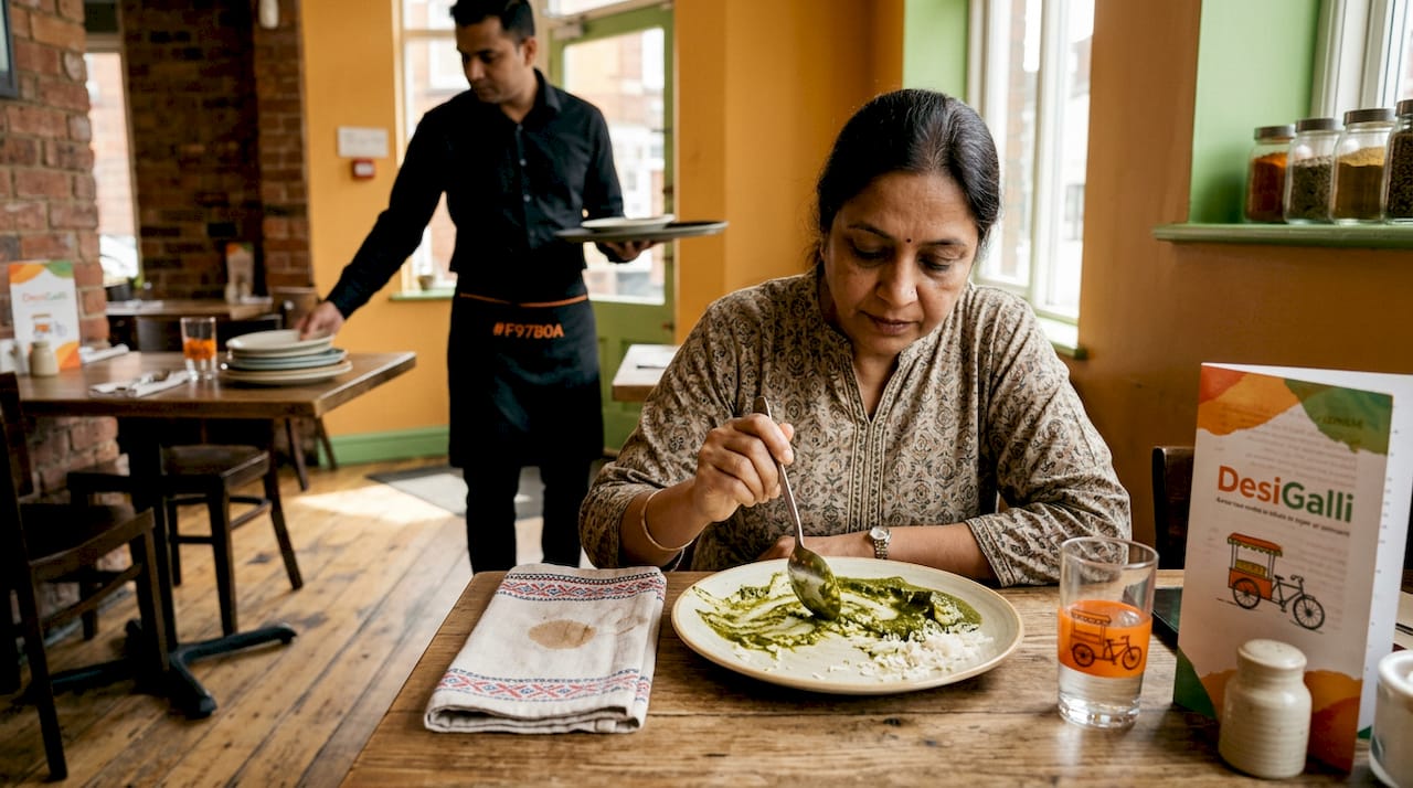 Diner finishes plate at Indian restaurant