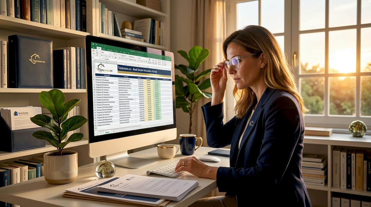 Una mujer analiza su cartera inmobiliaria sentada en su escritorio, revisando documentos y evaluando oportunidades de inversión.