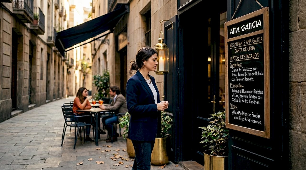 Una mujer observa la carta en la puerta de un restaurante del barrio, decidiendo qué le apetece probar.