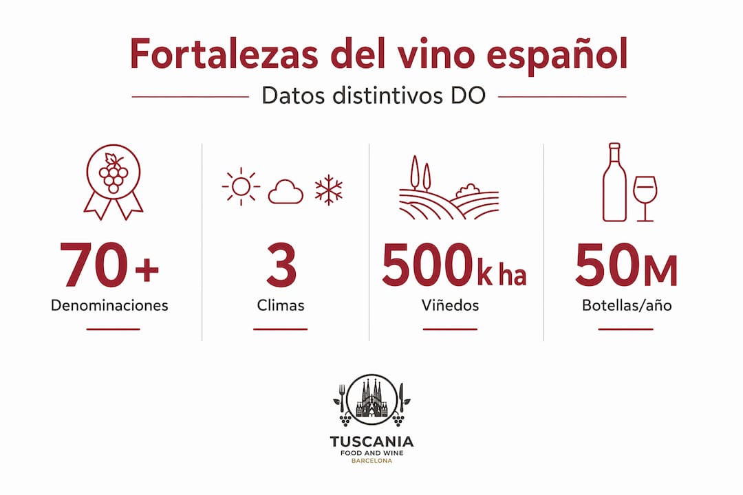 Infografía sobre las principales fortalezas del vino español: denominaciones de origen, diversidad de climas y regiones, y cifras destacadas de producción.