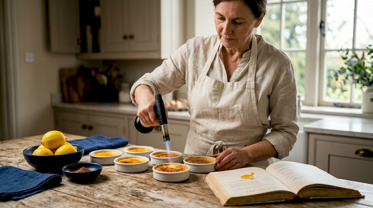 Chef caramelizing crema catalana dessert