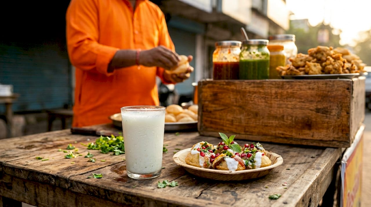 Chaas and chaat street food pairing close-up