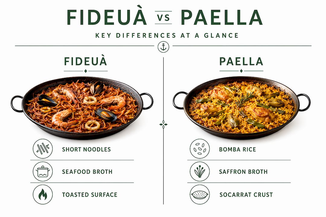 Infographic comparing fideuà and paella side by side