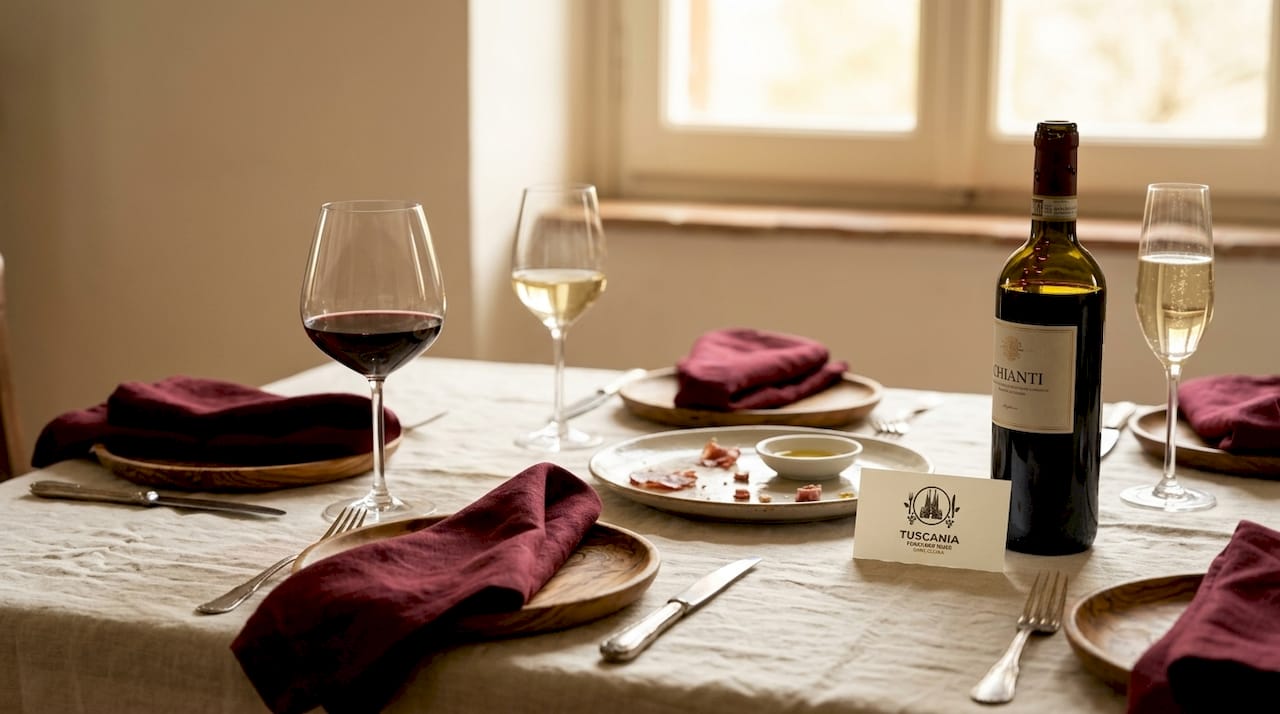Mesa preparada para la cena con copas de vino italiano
