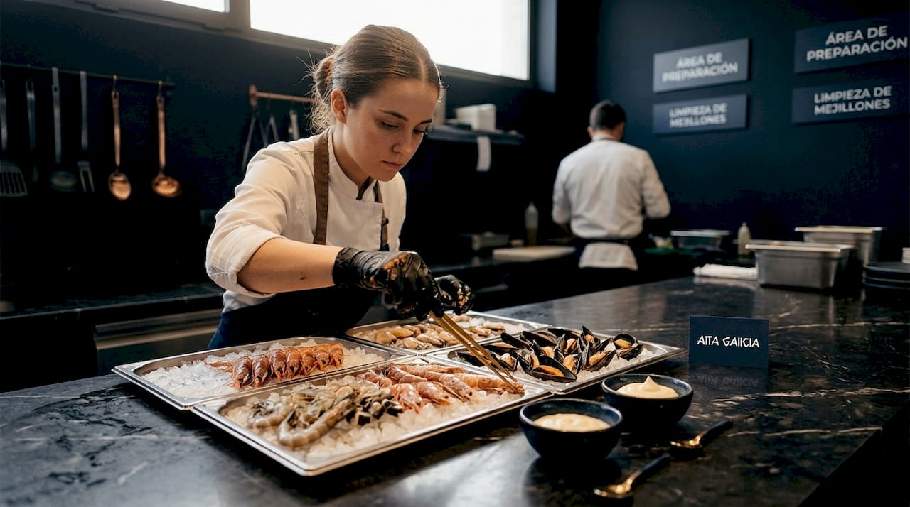 El chef coloca cuidadosamente los mariscos en las bandejas, preparando todo para la cocina.