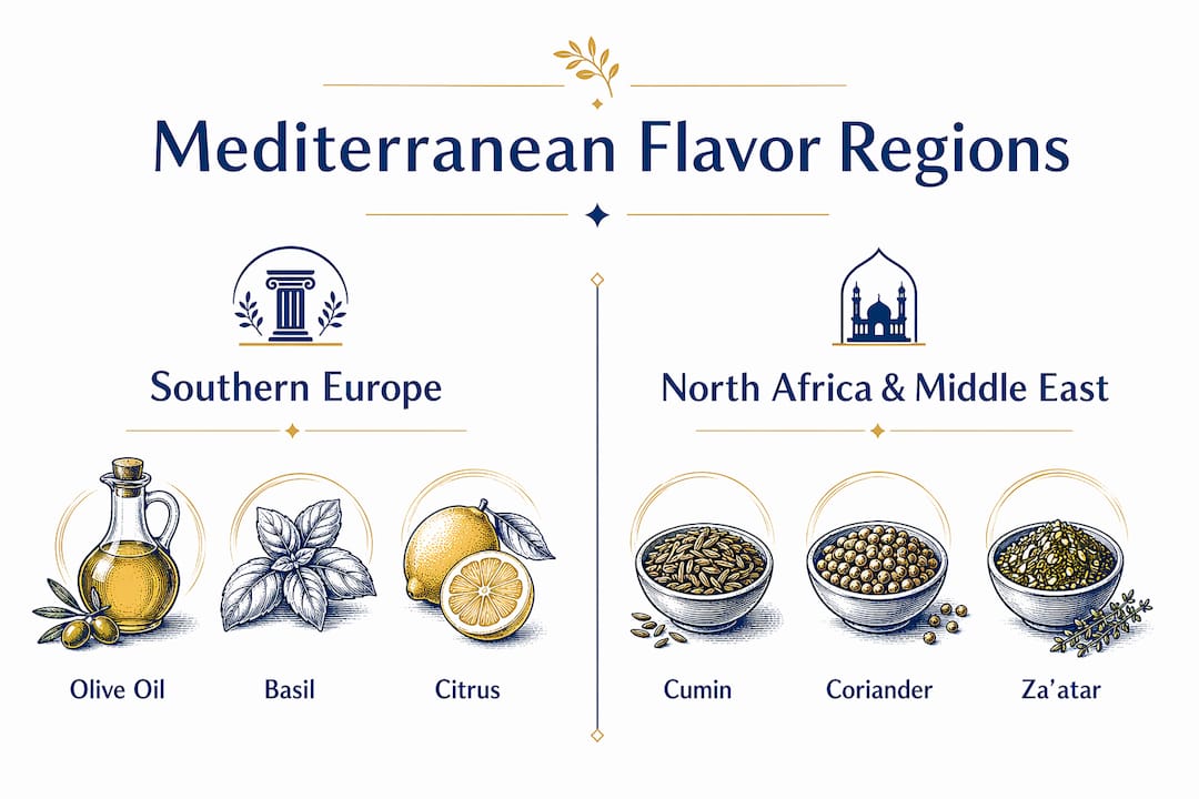 Infographic comparing Mediterranean regional flavor profiles