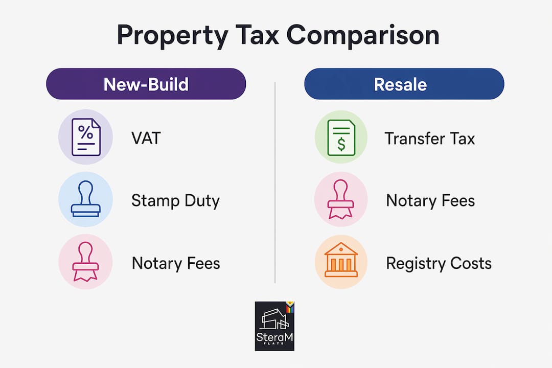 Infographic comparing taxes between new-build and resale properties