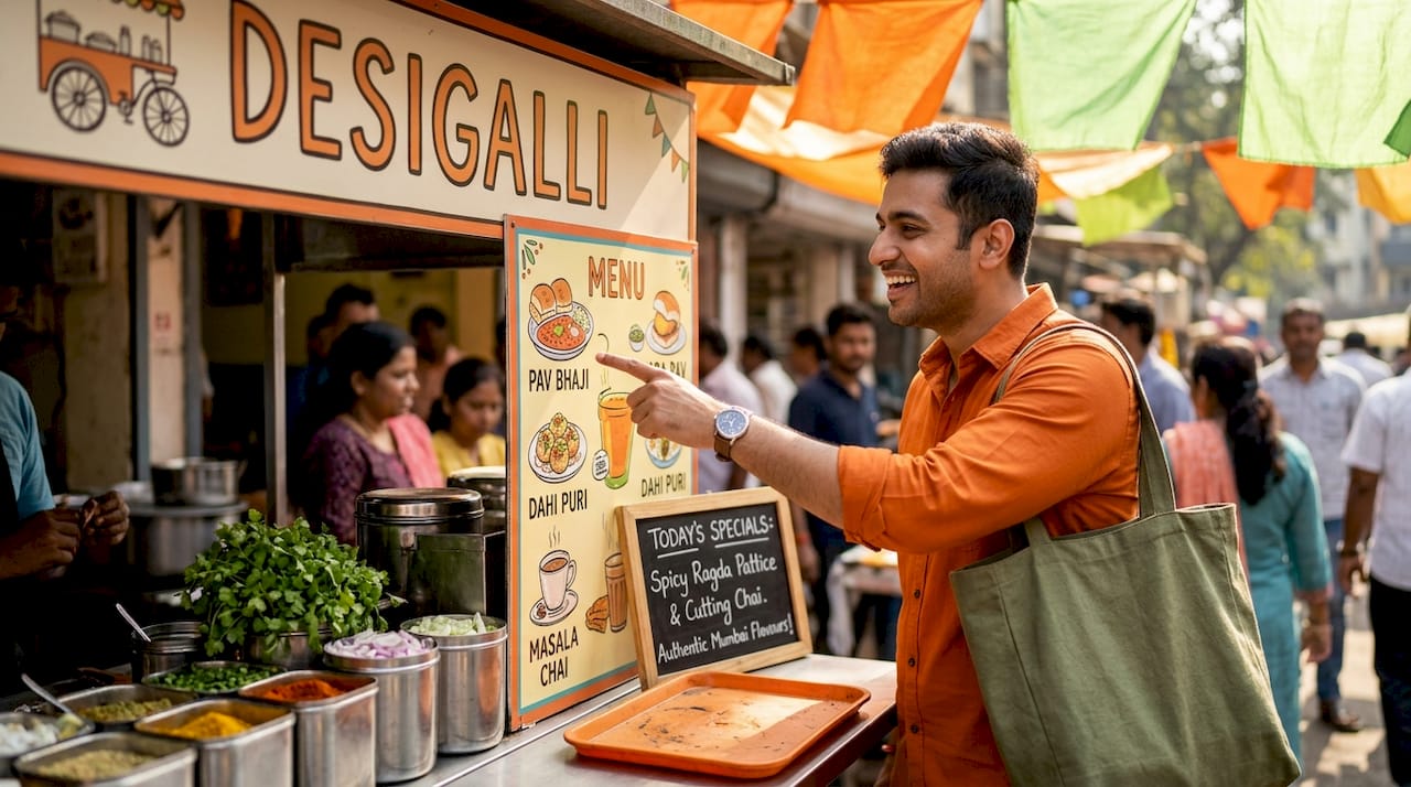 Diner ordering confidently at street food stall