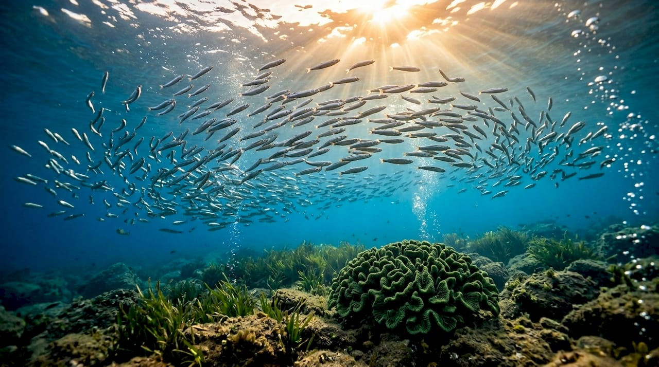 School of pelagic fish swimming in Mediterranean waters