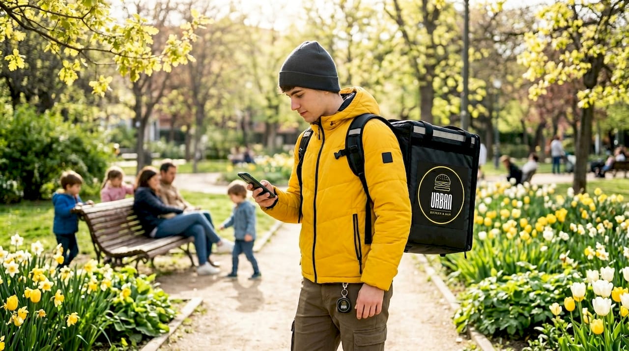 Mensajero digital recorriendo la ciudad con su mochila térmica a la espalda