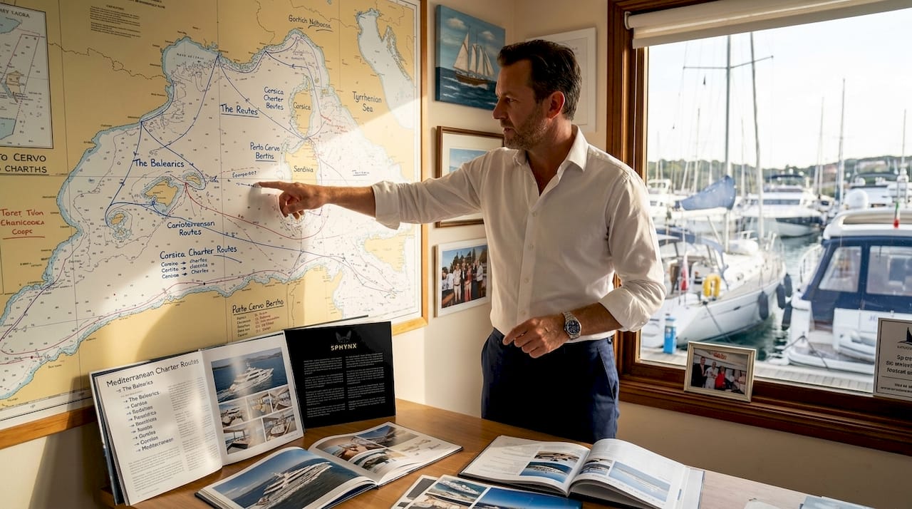 Yacht broker selecting vessels at marina office