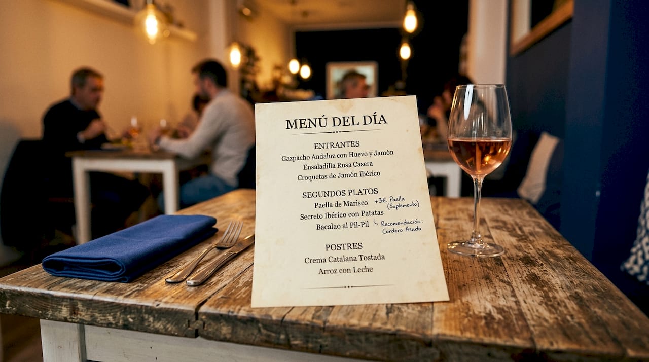 Traditional Spanish menú del día on rustic table