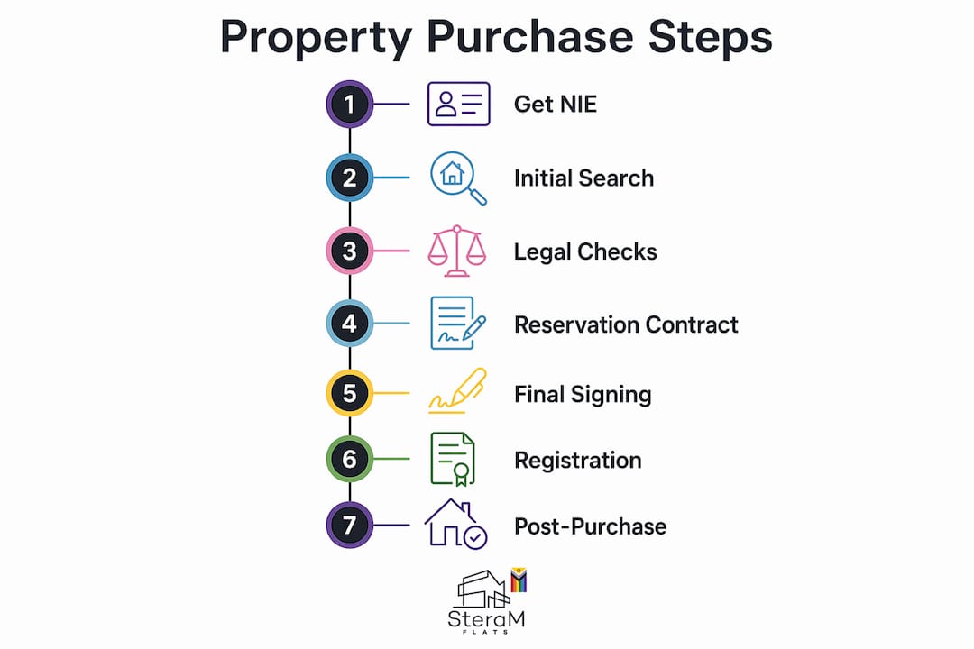 Infographic outlining property purchase steps in Spain
