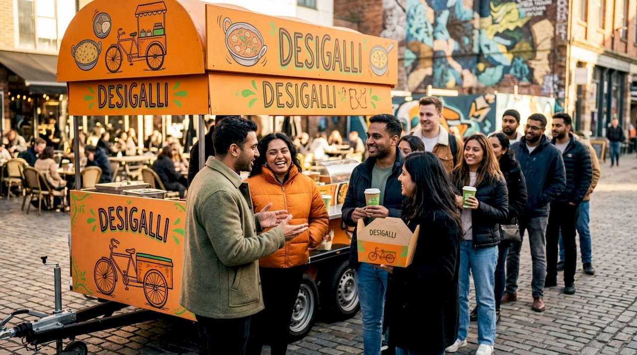 Strangers chatting in line at urban street food stall