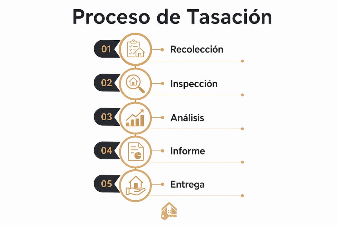 Infografía que explica las cinco etapas clave del proceso de tasación inmobiliaria