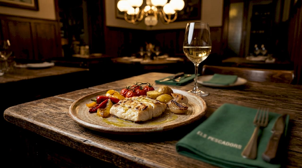 Freshly plated Catalan seafood dish with vegetables