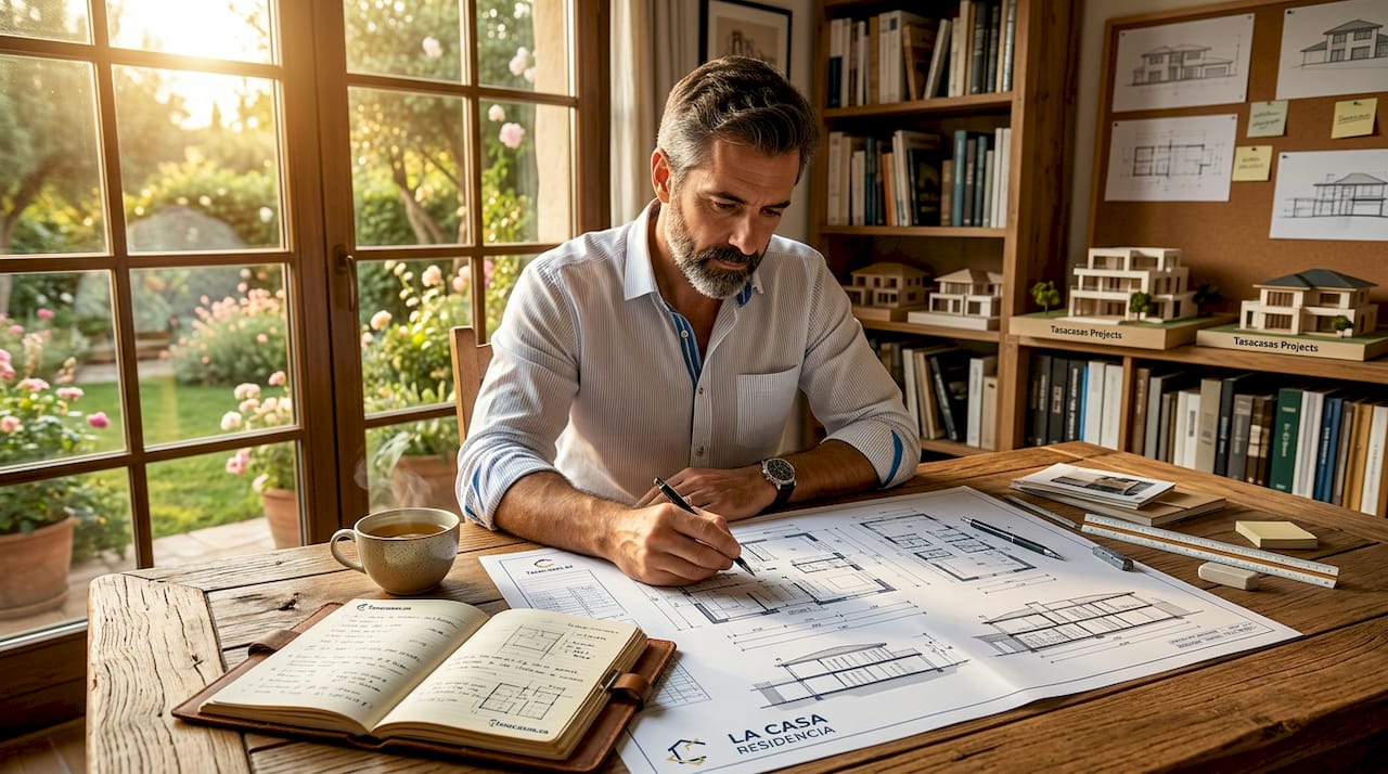 Arquitecto revisando los planos de una vivienda de lujo en su despacho personal