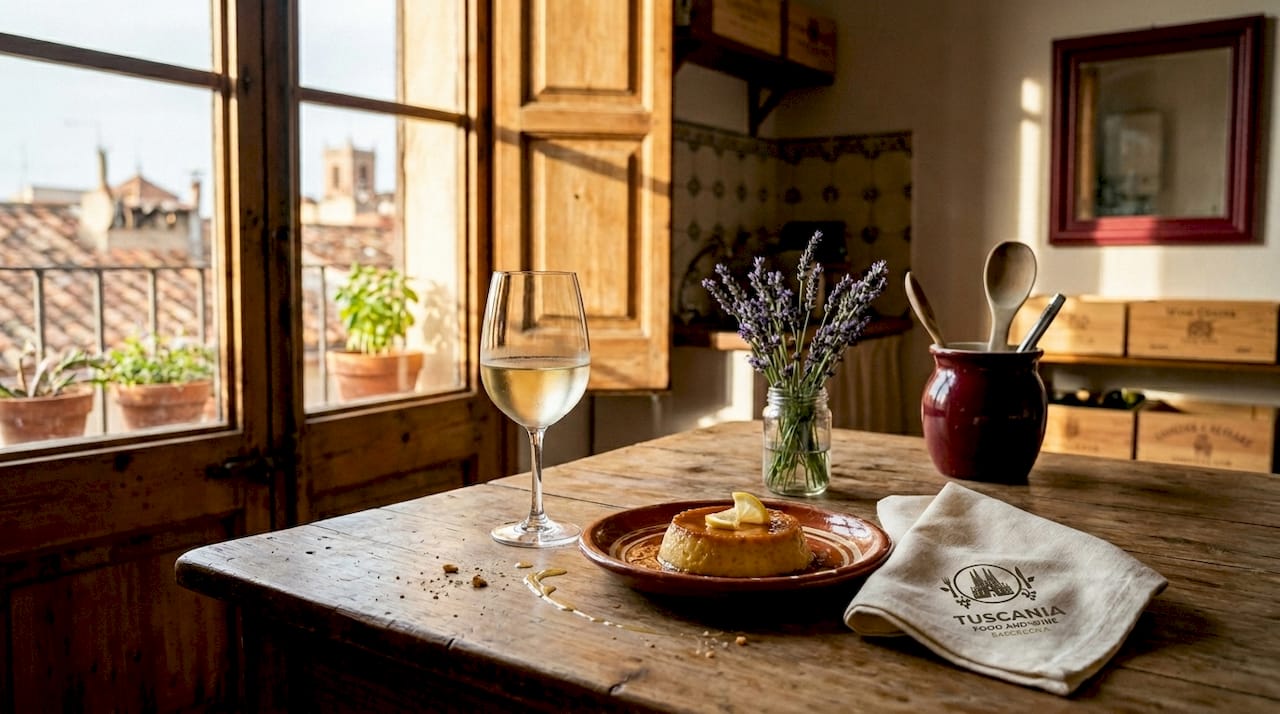 Copa de Chardonnay y flan casero servido en una mesa de madera rústica